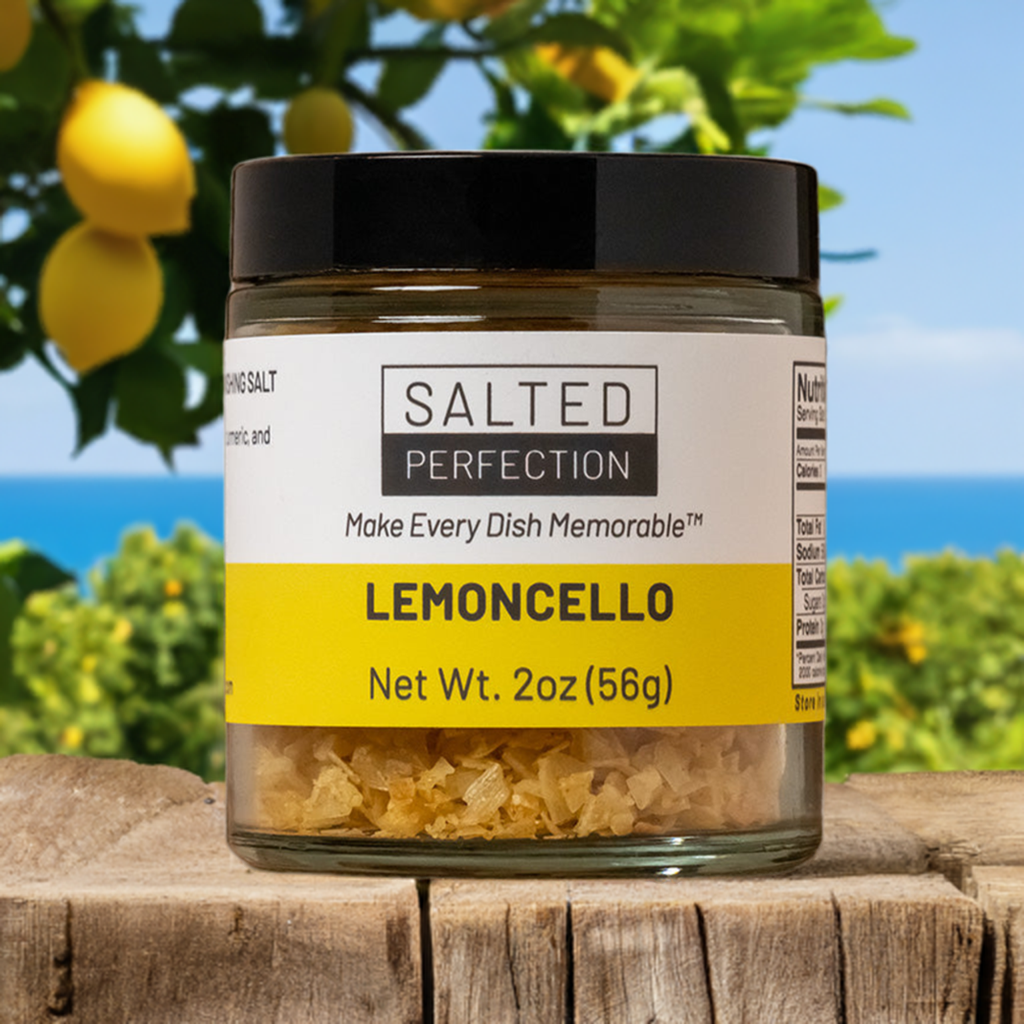 A jar of lemoncello salt on a table in a lemon grove on the Amalfi Coast of Italy