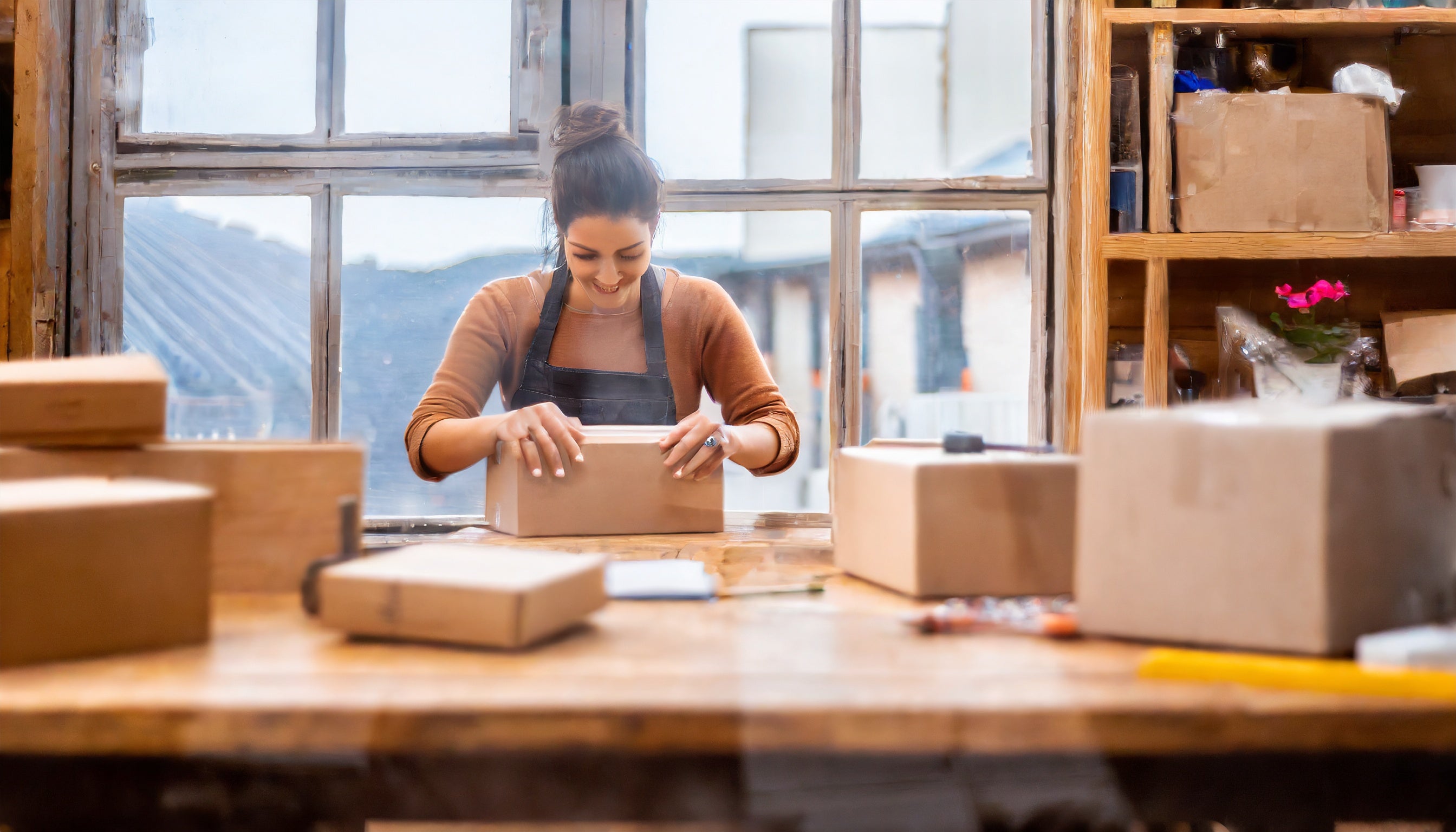 Woman carefully packaging a shipment