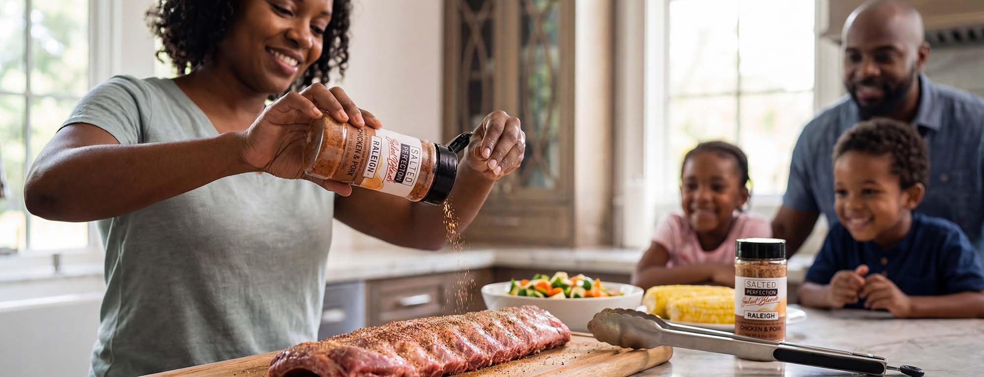 Woman seasoning meat on a cutting board with a family watching in a kitchen.