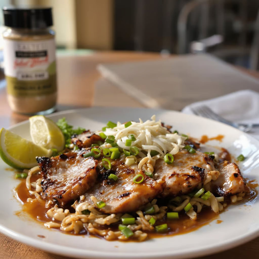 Plated dish of pork with noodles and garnishes on a table with a jar of Abilene seasoning in the background.