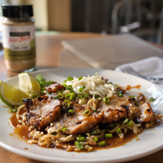 Plated dish of pork with noodles and garnishes on a table with a jar of Abilene seasoning in the background.