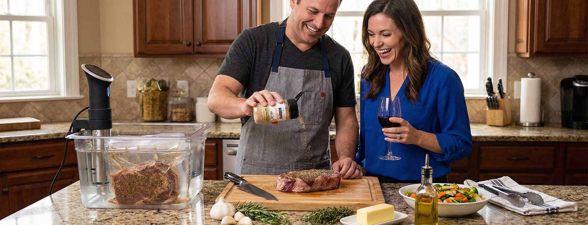 Man and woman preparing food in a kitchen