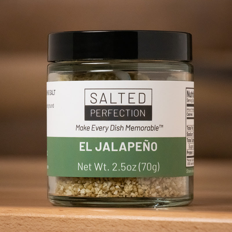 Jalapeno flavored finishing flake salt in a jar