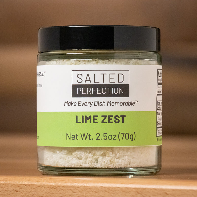 Lime infused flavored finishing flake salt in a jar