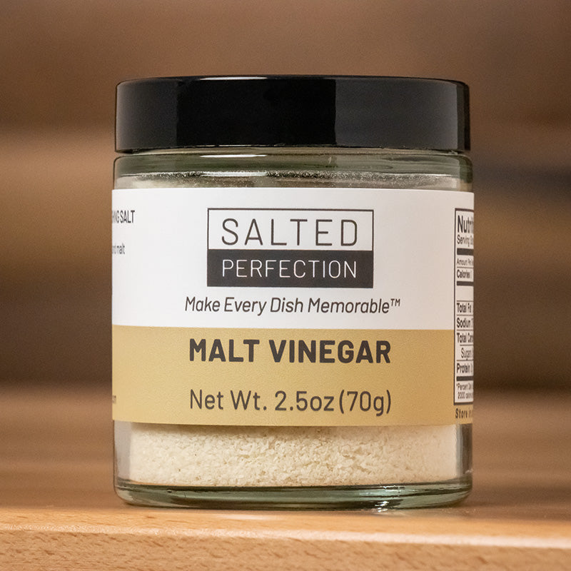 Malt vinegar flavored finishing flake salt in a jar