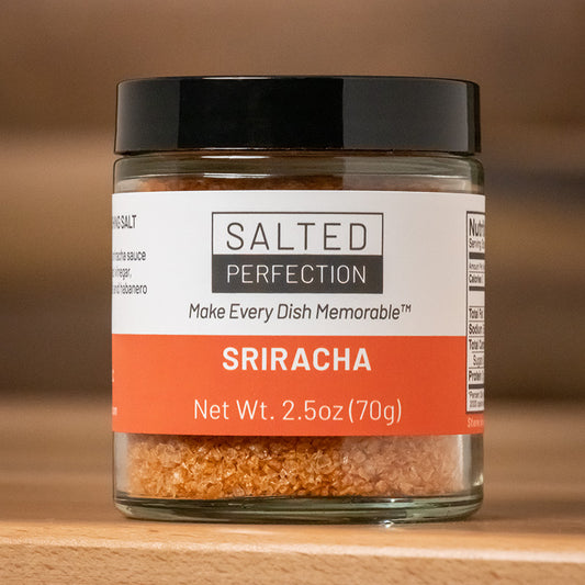 Sriracha flavored finishing flake salt in a jar